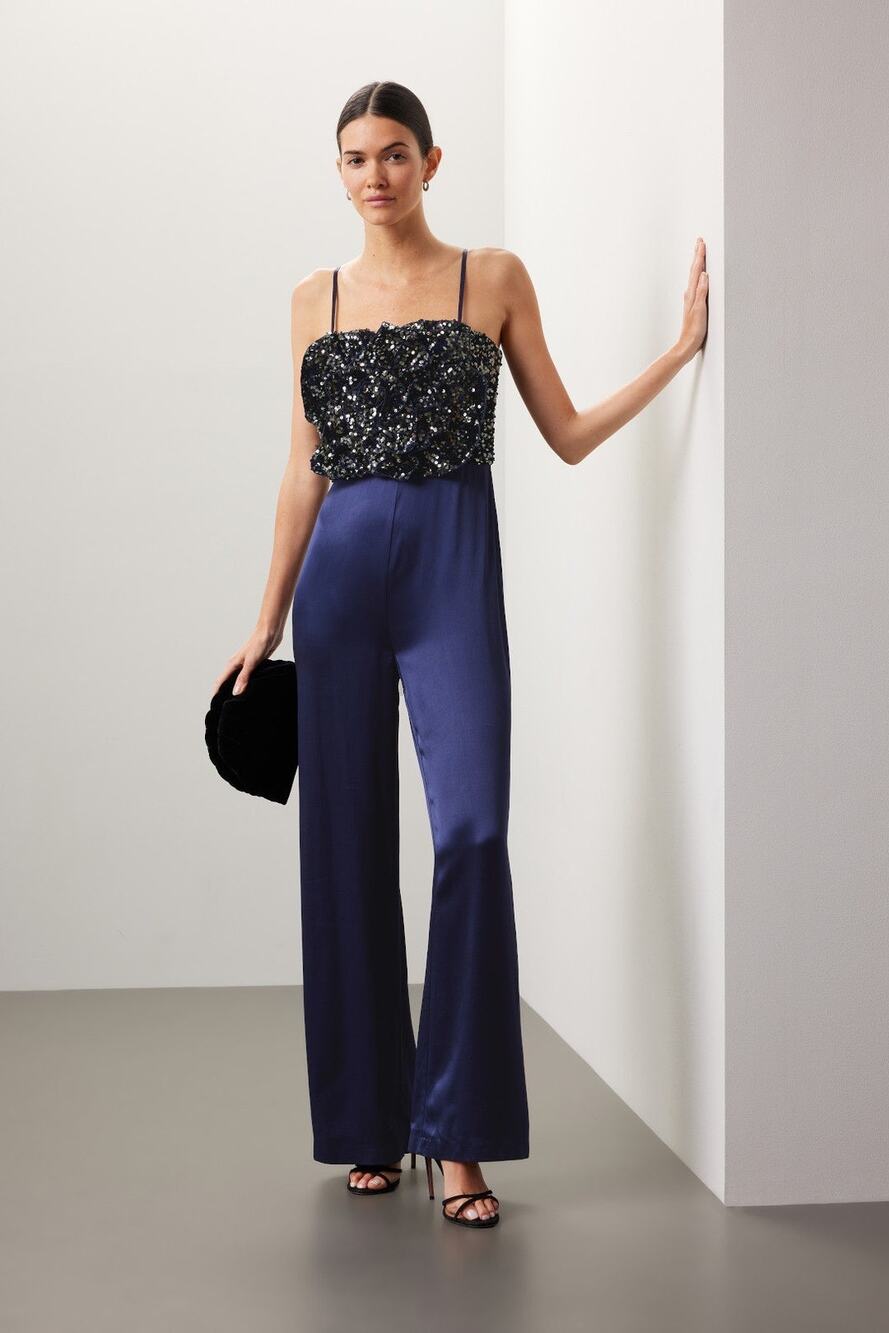 Badgley Mischka Navy Blue Rose Sequin Satin Sleeveless Cocktail Jumpsuit Size 8
